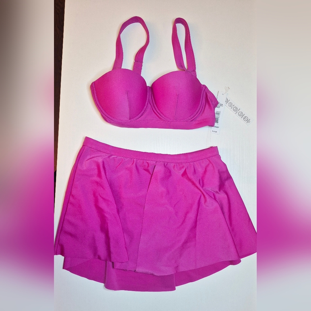 Tahari Hot Pink Bikini Top and Skirt Swim Set